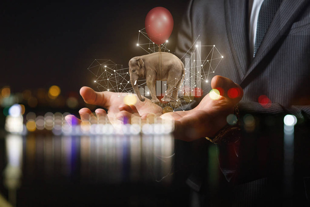 Elefant in einem Heißluftballon steigt über die Hände. Konzept zur Förderung von Standorten im Netzwerk. - Foto, Bild