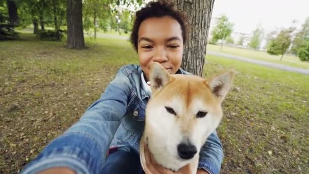 Point of view shot of pretty African American girl taking selfie with cute puppy in city park holding camera, smiling and posing. Modern technology and animals concept. - Felvétel, videó