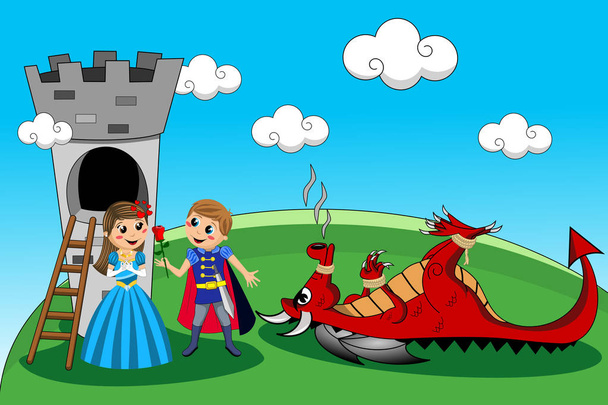 Kid knight beats red dragon and saves the princess offering red rose - Vector, Image