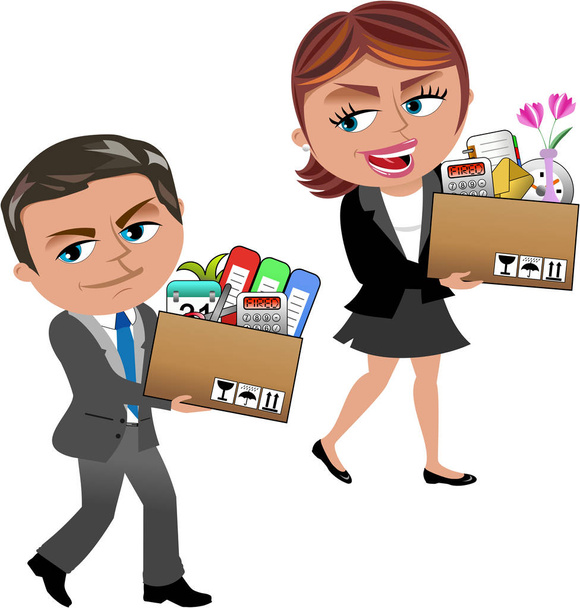 Feu Dessin animé femme d'affaires et homme d'affaires portant une boîte d'objets personnels isolés sur blanc
 - Vecteur, image