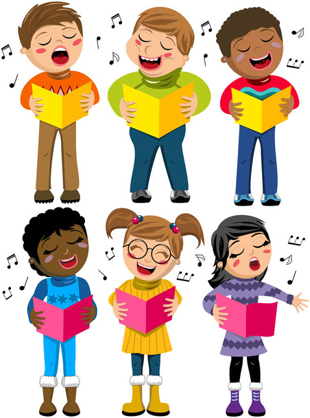 Happy multicultural kids or children standing and singing in a choir holding choir book isolated - Vector, Image