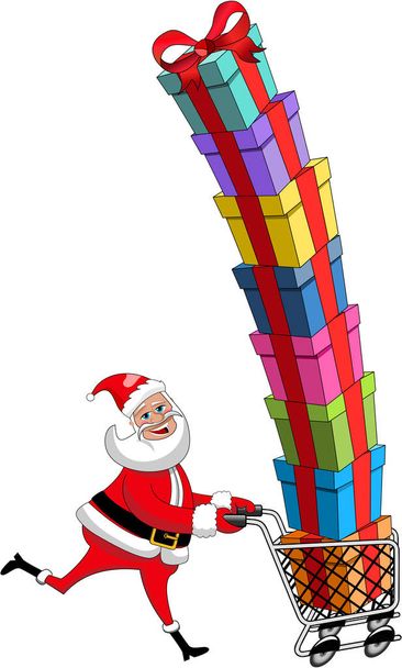 Weihnachtsmann läuft und schiebt Wagen voller Geschenke - Vektor, Bild