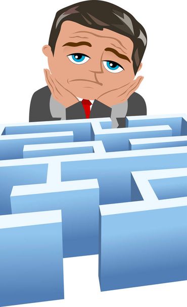 Discouraged businessman in front of a maze isolated on white - Vector, Image