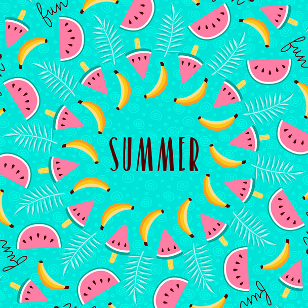 Kartkę z życzeniami szczęśliwego lato projektowania z tropikalnych sztuki i typography cytat. Zawiera, banan, arbuz, palm leaf. Eps10 wektor - Wektor, obraz