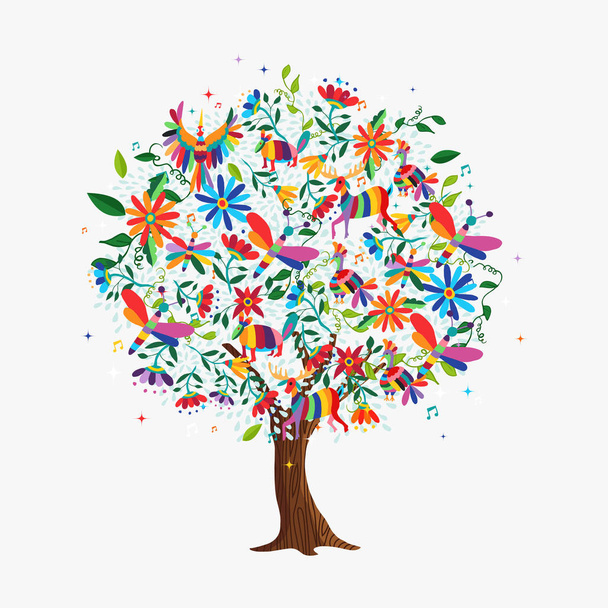 Floral tree made of colorful flower and animal icons in traditional mexican otomi art style. Springtime concept with daisy, deer, birds. EPS10 vector. - Вектор,изображение