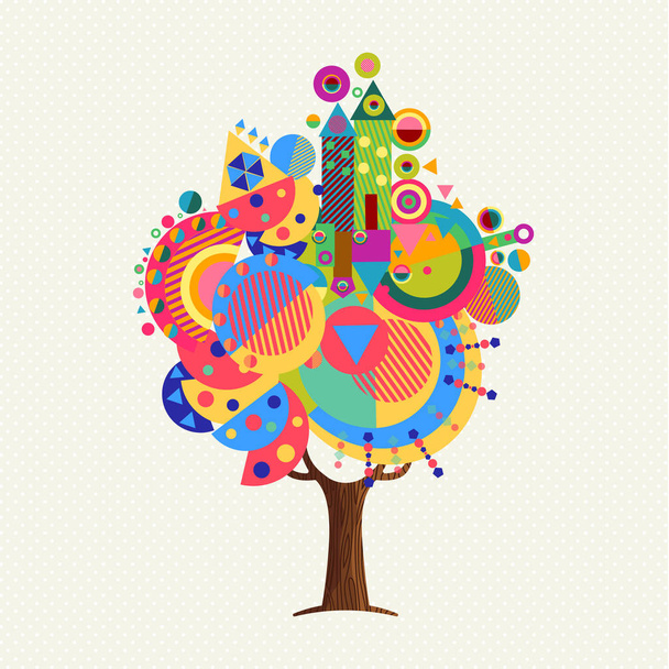 Tree made of colorful abstract shapes. Vibrant color geometric icons and symbols for fun conceptual idea. EPS10 vector. - Vetor, Imagem