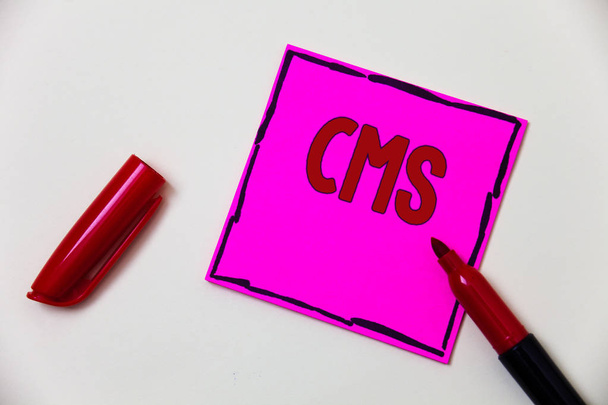 Conceptual hand writing showing Cms. Business photo showcasing Content Management System supports modification of digital content Pink note open marker communicate feelings things to do - Photo, Image