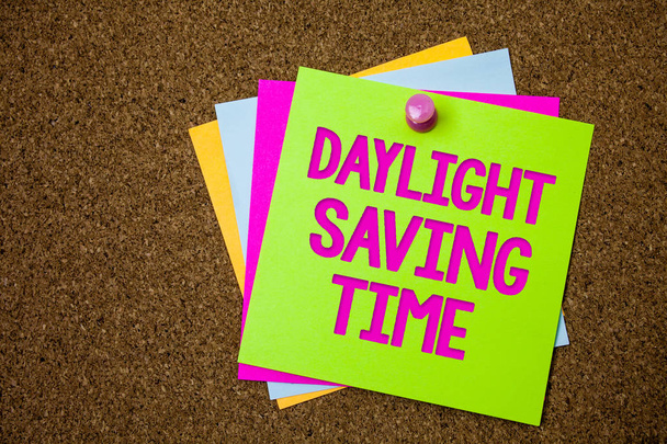 Text sign showing Daylight Sayving Time. Conceptual photo advancing clocks during summer to save electricity Postcards various colour brown background lovely thoughts message memories - Photo, Image