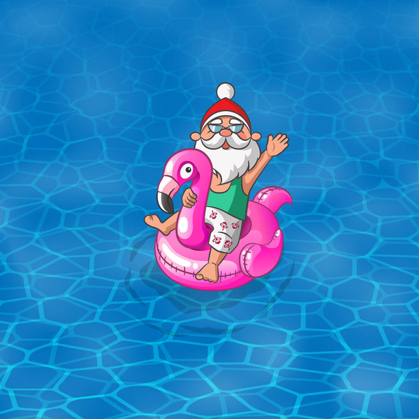 Illustration estivale - Père Noël avec voile gonflable Flamingo flottant le long de la mer
 - Vecteur, image
