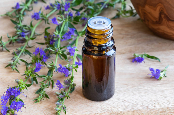 A bottle of essential oil with fresh blooming hyssop  - Photo, Image