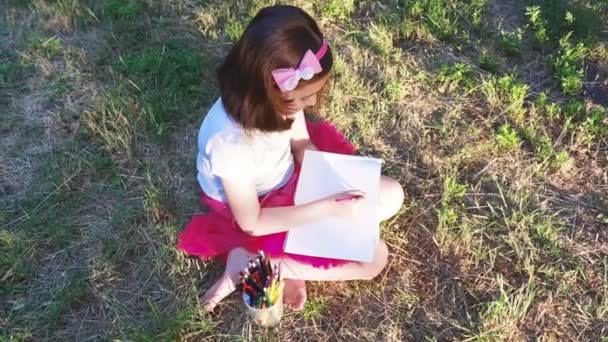 little artist girl in a red skirt draws with pencils in the album, sitting on the grass, in a forest park, top view - 映像、動画