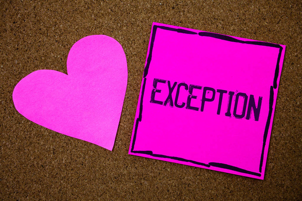 Handwriting text writing Exception. Concept meaning Person or thing that is excluded from general statement Different Cork background pink paper papers ideas messages heart love lovely inspire - Photo, Image