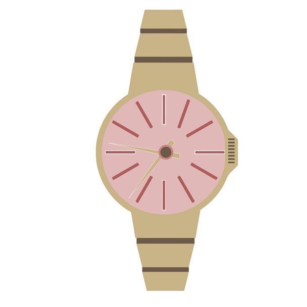 векторний стильний модний наручний годинник жіночий рожевий про колір з золотом зі стрілками на білому тлі
 - Вектор, зображення
