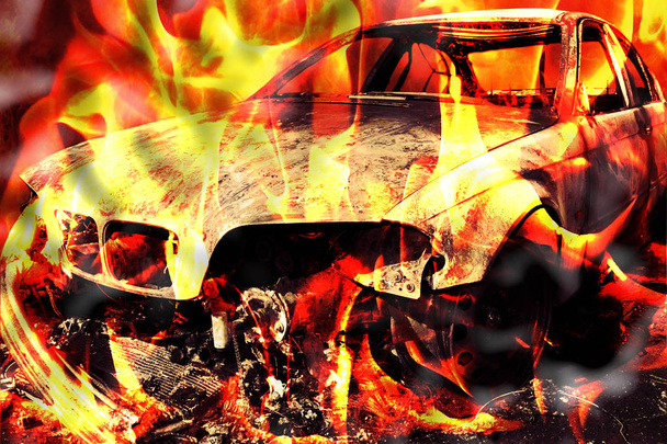 Burning car on the road - Photo, Image