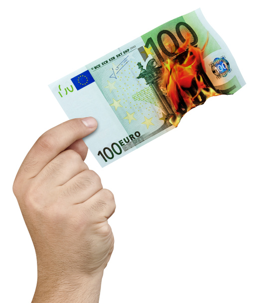 Mano sosteniendo billetes de 100 euros quemados en llamas aislados
 - Foto, Imagen