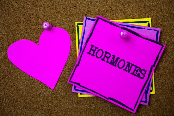 Schreibnotiz mit Hormonen. Business-Foto präsentiert regulatorische Substanz in einem Organismus produziert, um Zellen zu stimulieren Papiere rosa Herz Kork Hintergrundideen Liebe schöne Nachricht erinnern - Foto, Bild