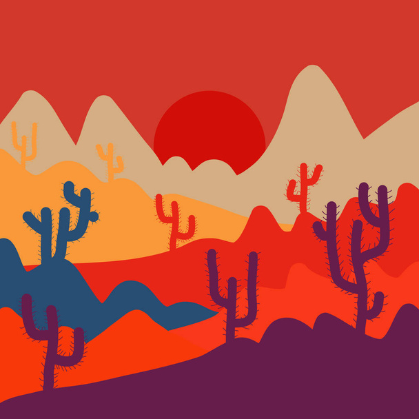 Imágenes en colores naranja, púrpura y rojo. Vector. Escena de fondo con cactus en la ilustración del desierto
. - Vector, Imagen