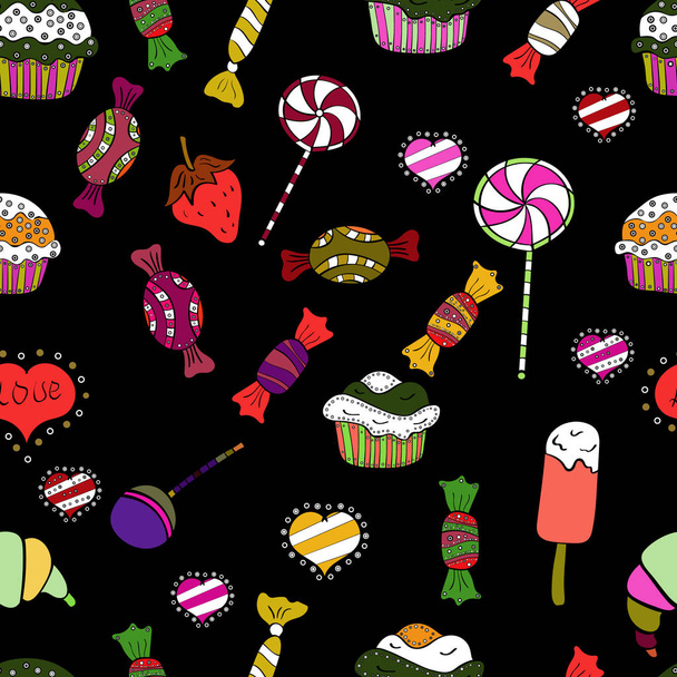 Quirky, abstract hand drawn seamless vector candy pattern. Colorful, retro hand illustrated Halloween treats on a red, black and white background. - Vector, Image