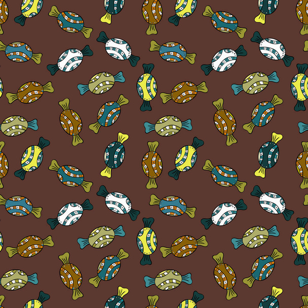Sweet for textile, cards, web design: delicious realistic seamles background: graphic fantastic candy. Vector seamless pattern with candy in brown, black and yellow. - Vector, Image