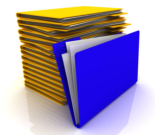 Stos żółtych folderów i jeden niebieski folder. Renderer obrazu 3d - Zdjęcie, obraz