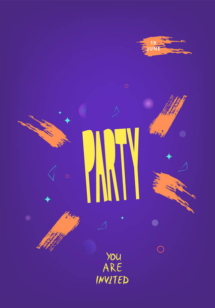 Party banner. Vertical flyer for holiday design with shine and geometric decorative elements. Card for social media invitation. Poster with creative lettering. Vector illustration. - Wektor, obraz