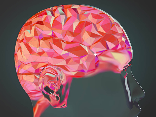3D-Illustration eines transparenten menschlichen Brechschädels mit farbenfrohem, polygonförmigem Gehirn - Foto, Bild