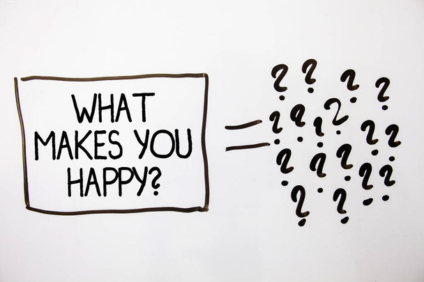 Text sign showing What Makes You Happy Question. Conceptual photo Happiness comes with love and positive life White background equal sign question marks idea ideas messages feelings - Photo, Image