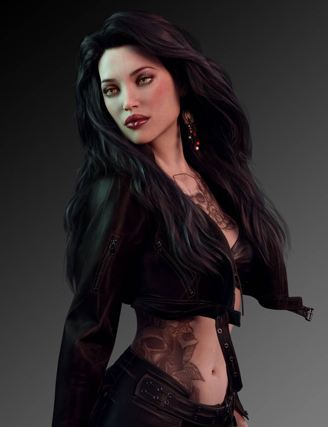 Sexy Assassin in Black Leather with Tattoos - Photo, Image