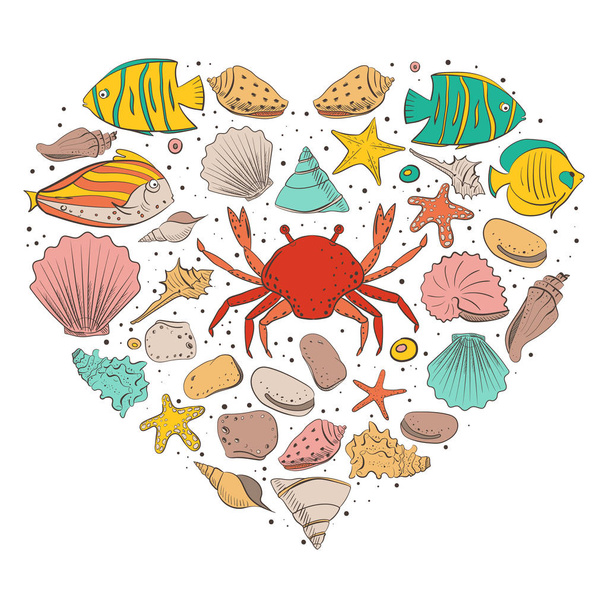 Heart form with shell, starfish, calm, stone. Vector set for design in sea beach style. Colored exotic shells and underwater animals. - Вектор,изображение