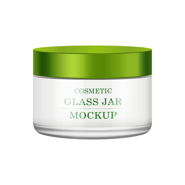 Realistic white glass jar with green plastic lid for cosmetics - body cream, butter, scrub, gel, skin care, powder. Premium product. Package template. Vector mock up. - Vector, Image