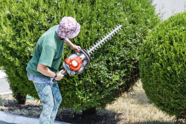 Tuinieren, vrouwelijke tuin ontwerper schuintrekken struiken met benzine borstel frezen - Foto, afbeelding