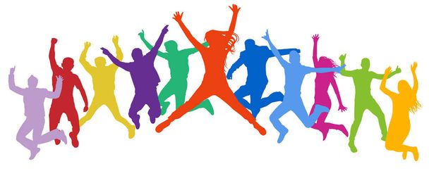 Vrolijke menigte mensen springen. Vrienden sprong, bounce jonge tieners, trampoline. Gelukkige jeugd bedrijf. Multicolor vector silhouet - Vector, afbeelding
