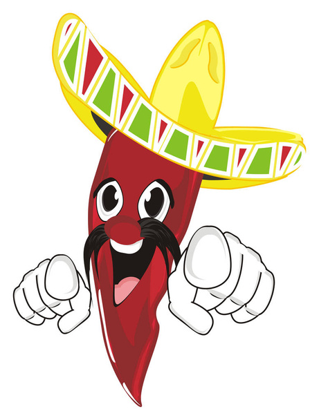 happy red chili pepper in sombrero show gesture hey you - Foto, afbeelding