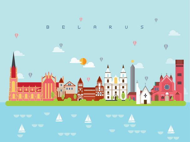 Weißrussland berühmte Sehenswürdigkeiten Infografik-Vorlagen für Reisen minimalen Stil und Symbol, Symbolsatz Vektorillustration kann für Poster Reisebuch, Postkarte, Werbetafel verwendet werden - Vektor, Bild