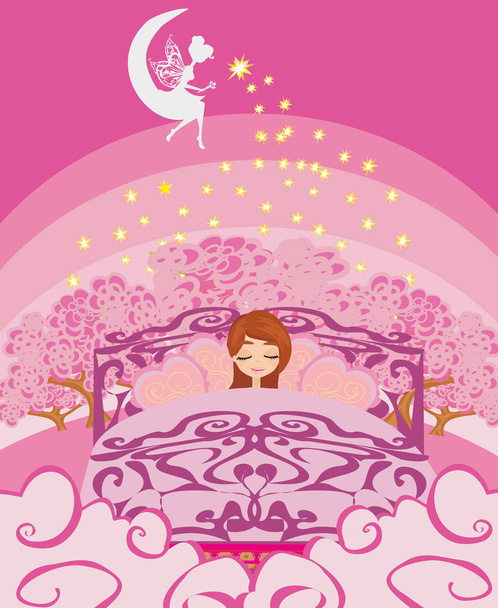 girl dreaming in bed at night - Vektör, Görsel