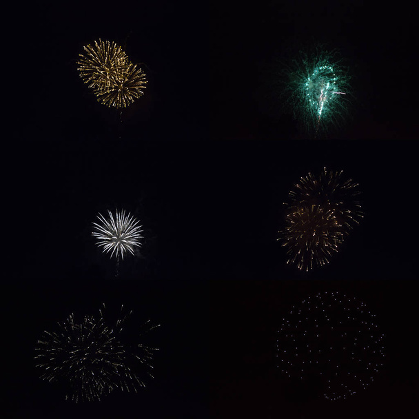 Brillantes cargas de bolas de fuego redondas explotando en el cielo negro del 4 de julio noche de celebración
 - Foto, Imagen