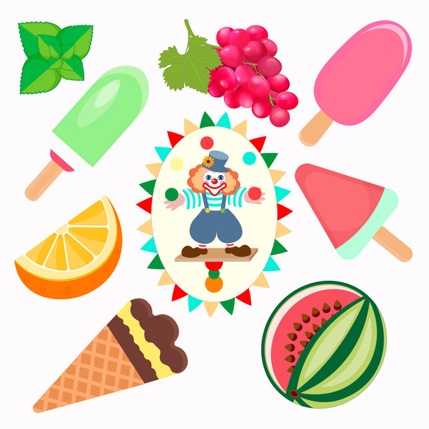 Different types of fruit ice cream with a picture of a juggling clown. Poster for the sale of ice cream, menu of desserts. Vector illustration. - Vecteur, image