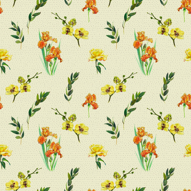 Floral seamless pattern with yellow orchid, orange iris and twigs. Art by markers. Imitation of watercolor drawing. - Фото, изображение