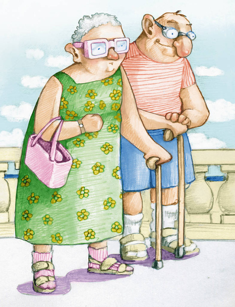 idosos casal engraçado caminha na costa, eles têm a expressão satisfeita
 - Foto, Imagem