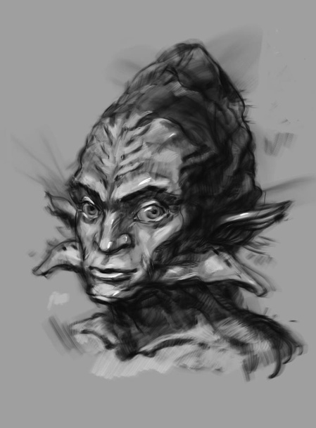 Sketch of the legendary character. Raster illustration. Digital painting. The concept of a forest mutant. Character for the cover of the book, album. Graffiti for walls and wallpapers. Dark Elf. Black and white drawing. - Photo, Image