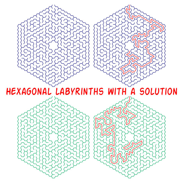 Set of hexagonal labyrinths with a solution. Color hexagonal mazes. A useful puzzle game for children and adults. - Vector, Image