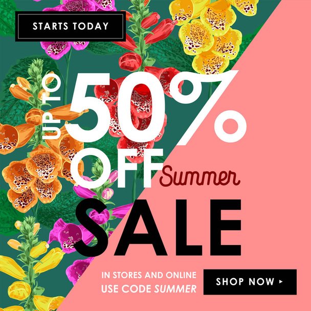 Summer Sale Tropical Banner. Seasonal Promotion with Tiger Lily Flowers and Leaves. Floral Discount Template Design for Poster, Flyer, Gift Certificate. Vector illustration - Вектор,изображение