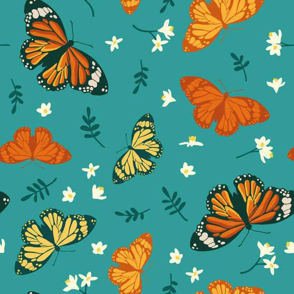 Vektör parlak kelebekler, yaprak ve çiçek ile seamless modeli. Doku tasarım el çekilmiş - Vektör, Görsel