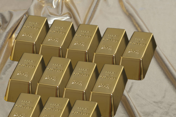 Barras empilhadas de ouro em ouro brocado fabric.Financial conceito
 - Foto, Imagem