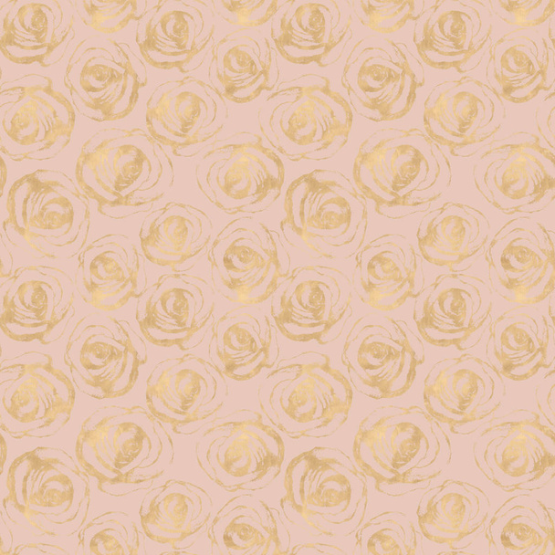 Rose flowers abstract glitter gold seamless pattern. Luxury yellow golden roses glittering hand drawn ornament on pink background. Wedding texture. Print for textile, wallpaper, wrapping. - Photo, Image