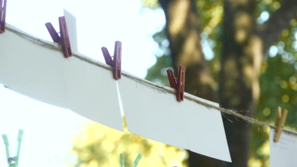 Photos on the rope attached with clothespins, photo drying - Footage, Video