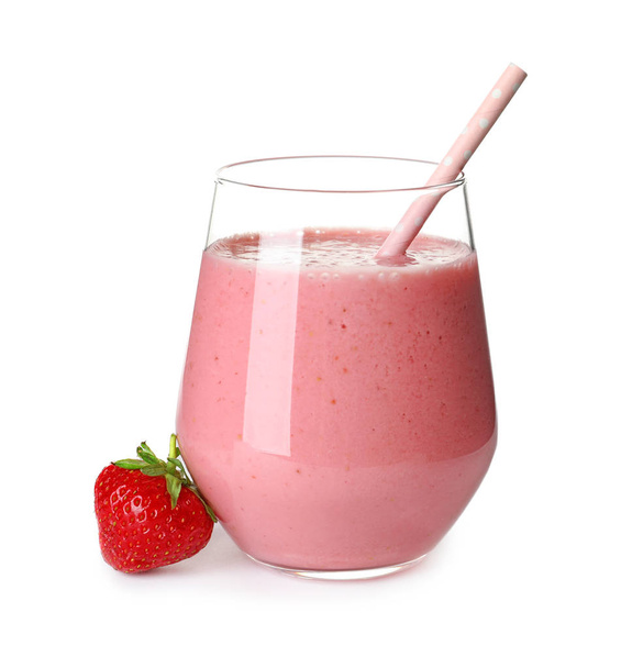 Glass with tasty strawberry smoothie on white background - 写真・画像