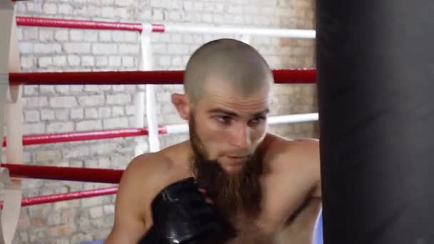 Бородатый профессиональный боксер с боксерской грушей
 - Кадры, видео