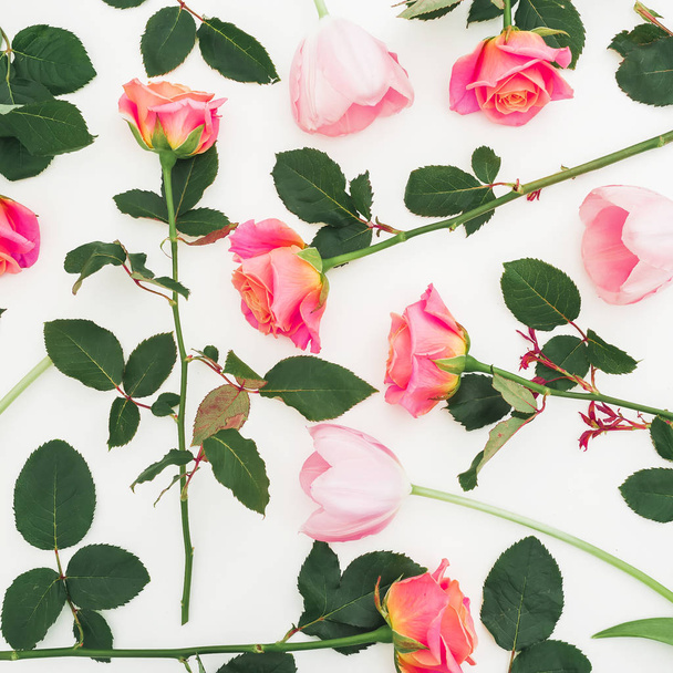 pastelově růžové růže a lístky na bílém pozadí. Pohled na ploché ležel, top. Vzor květiny růžové květy - Fotografie, Obrázek