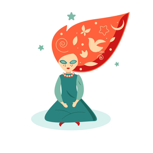 Dromer, meisje met rood haar, verbeelding en inspiratie. Vectorillustratie - Vector, afbeelding